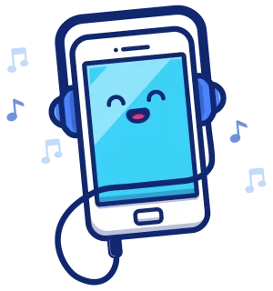 A cartoon styled smart phone with a big smile, listening to it's own music.